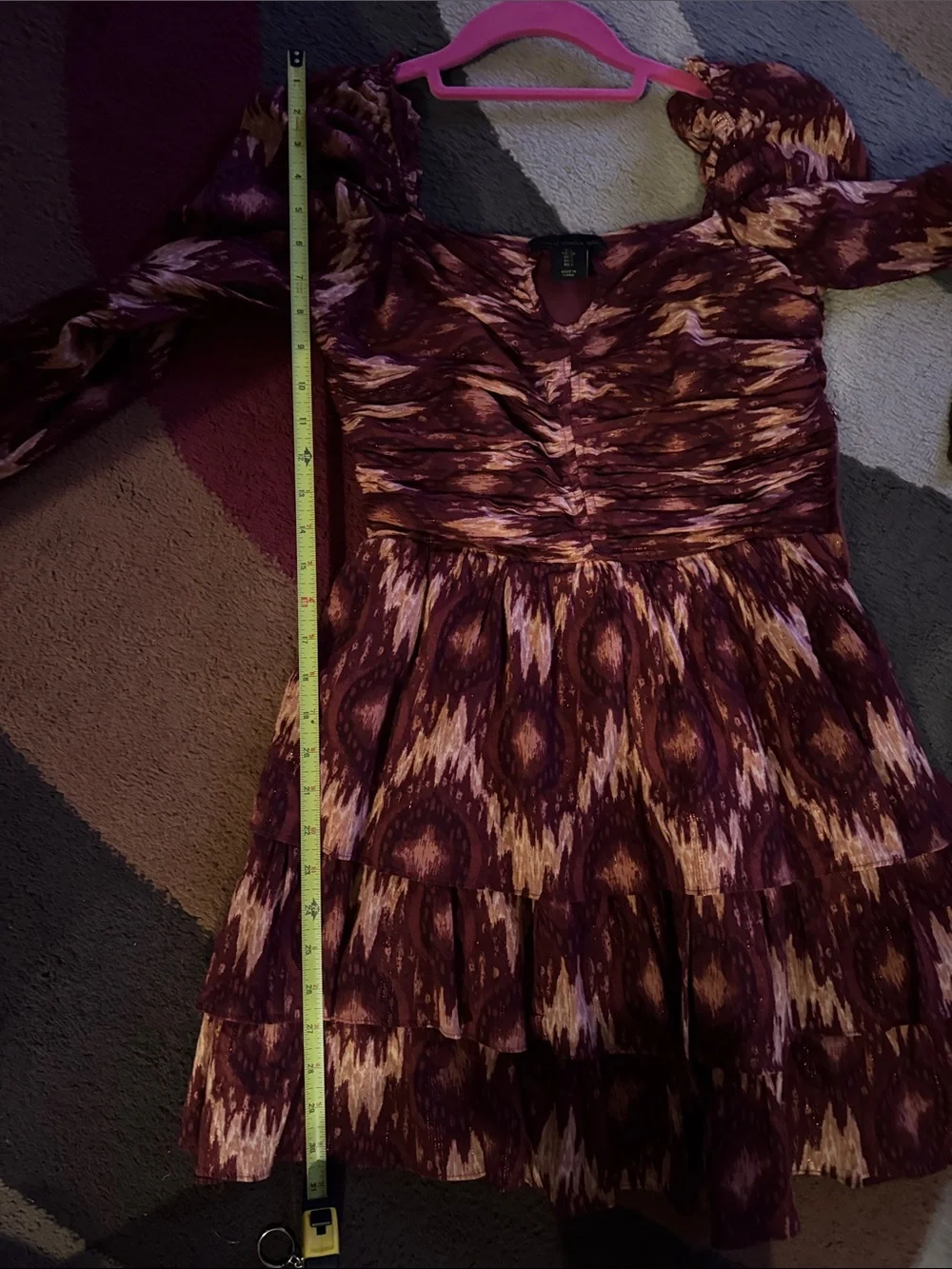 House Of Harlow 1960 Boho Metallic Ruffle Tiered Long Sleeve Mini Dress Small
